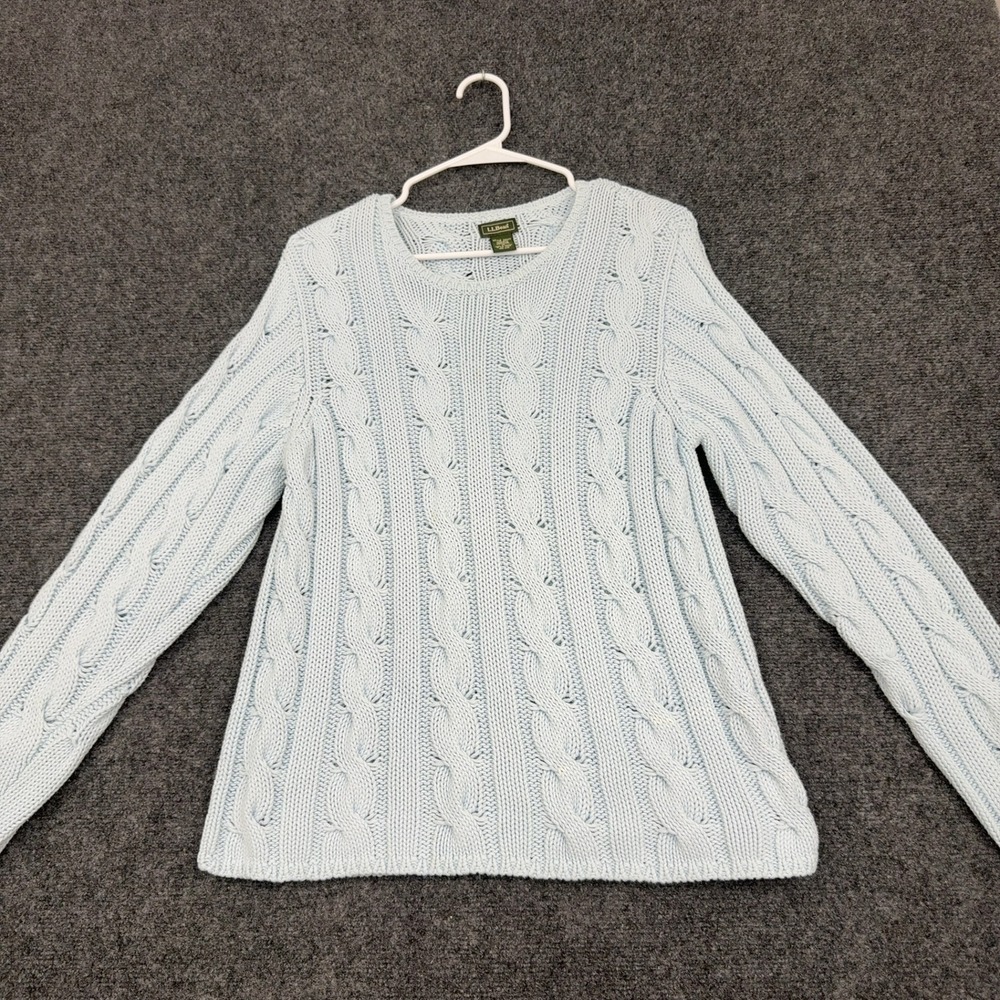 LL Bean Sweater Womens M Blue Cotton Cable Knit Crew Neck Classic Casual